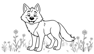 Placa de color de un lobo sonriente rodeado de flores.