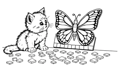 Placa de color de un gatito mirando una mariposa sobre bloques.