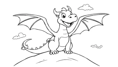 Placa de color de un dragón amigable sonriendo con alas abiertas.