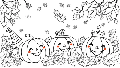 Placa de color de calabazas sonrientes con un sombrero de bruja y hojas de otoño.