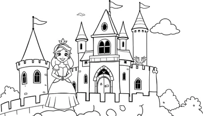 Placa de color de una princesa sonriente frente a un castillo mágico con un dragón asomando por una torre, rodeado de árboles y nubes.