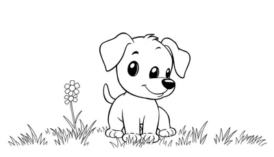 Placa de color de un cachorro blanco sentado en el césped con una flor.