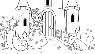 Página para colorear de una princesa con animales adorables en un castillo mágico.