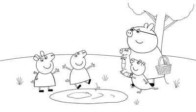 Peppa Pig y George jugando en un charco, Mamá Pig con un cesto de picnic, y Danny Dog con Rebecca Rabbit, listo para colorear en esta placa.