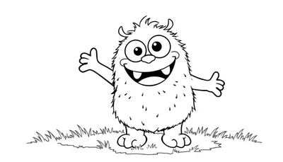 Un dibujo en blanco y negro de un monstruo amigable para colorear, con ojos grandes, una gran sonrisa y mechones de pelo, listo en su placa de color.