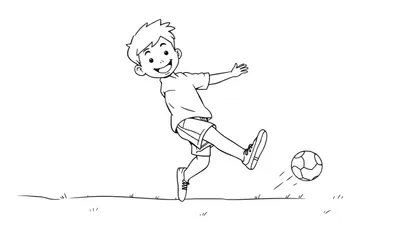 Placa de color: Un niño sonriente pateando un balón de fútbol en un campo de hierba.