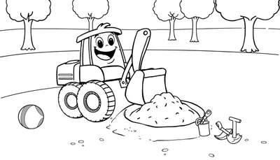 Placa de color de un tractor amigable excavando arena.