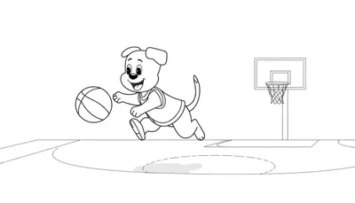 Un perrito de dibujos animados con una camiseta de baloncesto driblando un balón en una cancha, listo para colorear.