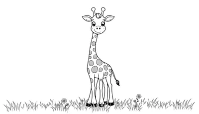 Una jirafa sonriente lista para colorear, con un gran cuello y manchas dibujadas en una placa de color.