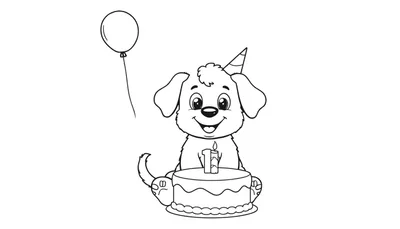 Placa de color de un cachorro feliz con un gorro de fiesta, globo y pastel de cumpleaños.
