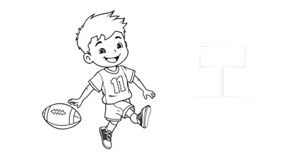 Placa de color con un niño sonriente jugando al fútbol.