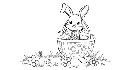 Placa de color: conejito de Pascua con canasta de huevos de Pascua.
