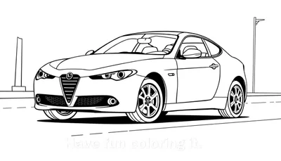 Un coche deportivo Alfa Romeo para colorear, con líneas limpias y la frase 'Que te diviertas coloreándolo'.