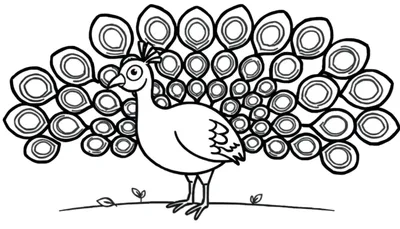 Placa de color de un pavo real de dibujos animados con la cola extendida.