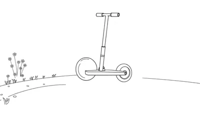 Un dibujo lineal en blanco y negro de un patinete con ruedas grandes en una colina con flores, listo para colorear.