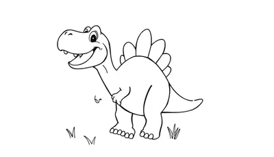 Dinosaurio Estegosaurio amigable, dibujo lineal en blanco y negro con una gran placa dorsal de color y una sonrisa, de pie sobre hierba.