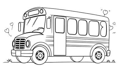 Autobús escolar blanco y negro para colorear con globos en forma de corazón, una placa de color para pintar.