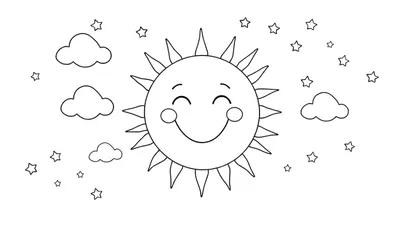 Placa de color de un sol sonriente con nubes y estrellas.