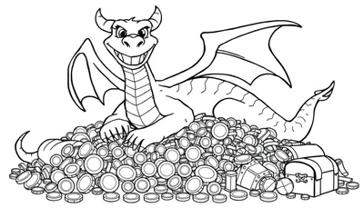 Un dragón de caricatura sonriente sentado en una gran pila de monedas de oro y cofres del tesoro, listo para ser coloreado en la placa de color.