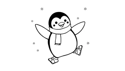 Placa de color de un pingüino de dibujos animados patinando felizmente con una bufanda y patines de hielo, rodeado de copos de nieve.
