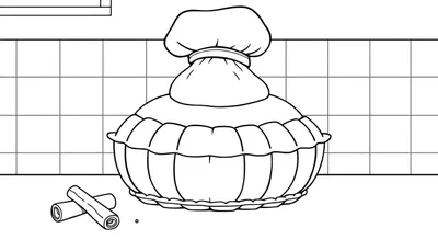 Placa de color de un pastel de calabaza sonriente con sombrero de chef.