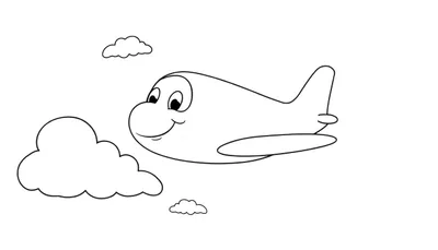 Placa de color: avión de dibujos animados sonriente volando entre nubes.