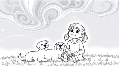 Placa de color de una niña sentada en la hierba con dos perros, mirando el cielo abstracto.
