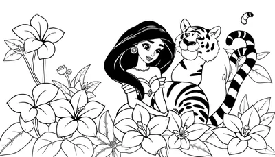 Placa de color de la Princesa Jasmine y Rajah rodeados de flores tropicales.