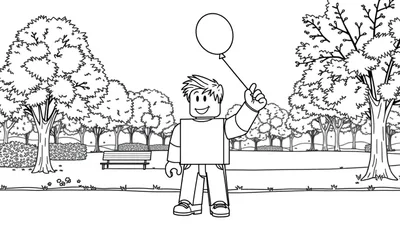 Un personaje de Roblox sonriente en un parque, listo para ser coloreado, con un globo y rodeado de árboles y arbustos en un diseño de placa de color en blanco y negro.