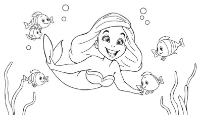 Página para colorear de sirena con peces.