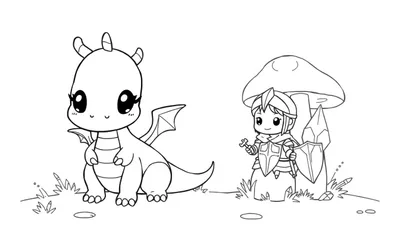 Un pequeño dragón kawaii y un caballero con un escudo y una llave, sentados bajo un hongo, listos para ser coloreados en una placa de color.