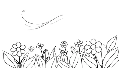 Un dibujo para colorear en blanco y negro de flores y hojas con un remolino de viento. Placa de color.