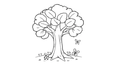 Placa de color de un árbol amigable con mariquita y mariposa.
