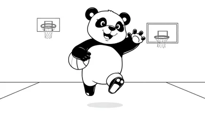 Un panda jugando baloncesto, listo para colorear, placa de color.