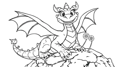 Placa de color de un dragón amigable sonriendo en una roca con flores.