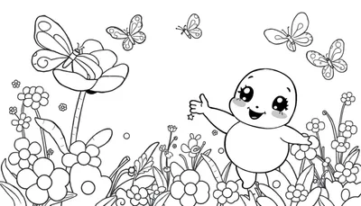 Placa de color de un personaje Chibi saludando en un jardín con mariposas y flores.