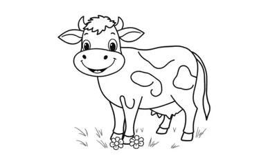 Placa de color de una vaca de dibujos animados sonriente con flores.