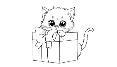 Placa de color de un gatito adorable saliendo de una caja de regalo.