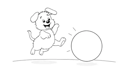 Un perrito de dibujos animados saltando hacia una pelota roja, listo para ser coloreado. Esta placa de color representa un momento de juego.