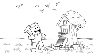 Niño de Roblox pintando una placa de color de una casa en el árbol.
