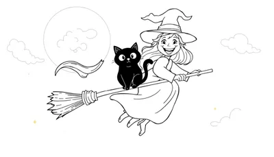 Placa de color de una bruja amigable y su gato negro volando en una escoba sobre una luna brillante.