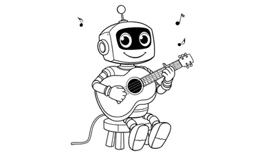 Un robot de dibujos animados sentado en un taburete tocando una guitarra, listo para colorear en una placa.