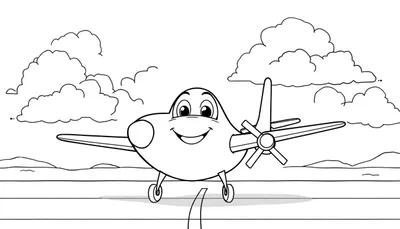 Placa de color de un avión de dibujos animados sonriendo en una pista.