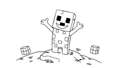 Personaje de Minecraft con cabeza de cubo y cuerpo rectangular, sonriendo y saludando, sobre un montículo con cubos adicionales y hierba, listo para ser coloreado.