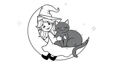 Placa de color de una brujita sonriente con su gato negro sentada en una luna creciente rodeada de estrellas.