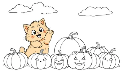 Placa de Color: Gatito y Calabazas de Otoño