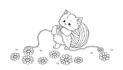 Un dibujo lineal en blanco y negro de un gatito jugando con una bola de estambre en un campo de margaritas. Una placa de color para colorear.
