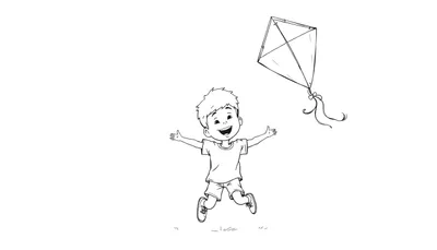 Niño saltando con una cometa, diseñado para una placa de color.