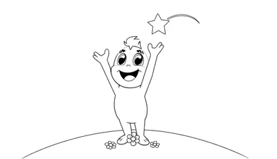 Un personaje animado feliz intentando atrapar una estrella fugaz, listo para colorear, con una placa de color al lado.