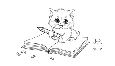 Placa de color: Gatito escribiendo en un libro.